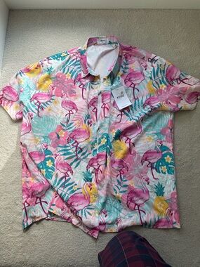 Men's Pink Flamingo Print Short Sleeve Button-Down Shirt
